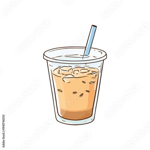 Watercolor vector illustation of cold cappuccino latte in a cup with a straw, whitebackground
