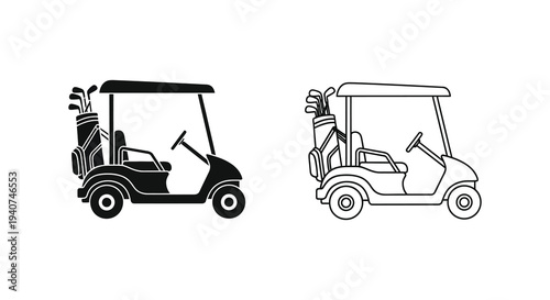 Two golf cart depictions one solid black and one outlined a stark silhouette