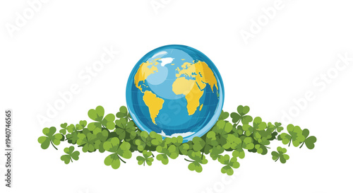 A glossy blue globe, prominently displaying yellow landmasses and a subtle grid, is shown resting on a thick, verdant cluster of numerous green shamrocks against a pure white background.