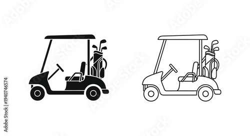 Two golf car icons one black and one white in simple outline silhouette