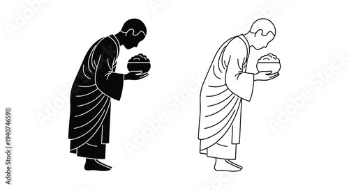 Two monks bowing with offering bowls a striking black silhouette