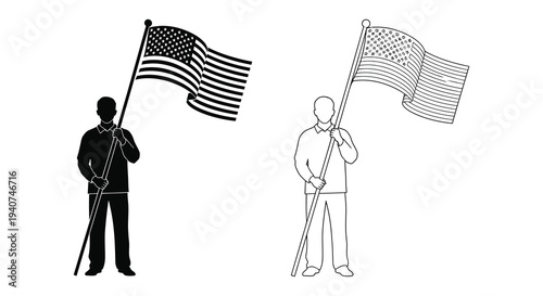 Two depictions of a person holding an american flag black and white silhouette