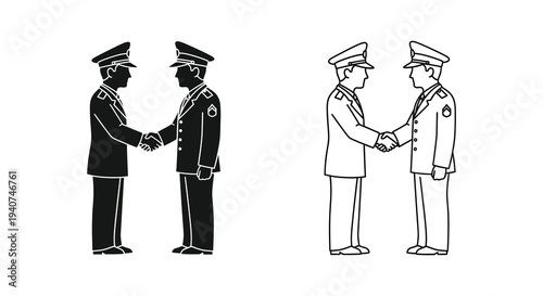 Two pairs of military officers shaking hands a stark black silhouette