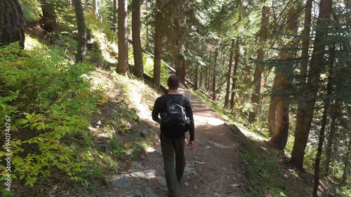 Man walks through tall pine trees on dirt trail. Dappled sunlight filters through dense forest canopy. Trail curves gently, surrounded by green undergrowth. He moves steadily, carrying backpack