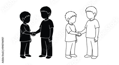 Two pairs of boys shaking hands one black and one white silhouette