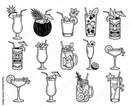 Outline icon set of 14 tropical cocktail drinks featuring tiki mugs, garnished glasses and summer beverages for bar and restaurant design