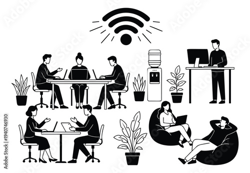 Line art illustration of modern office workspace depicting coworking environment with wifi connectivity for business design