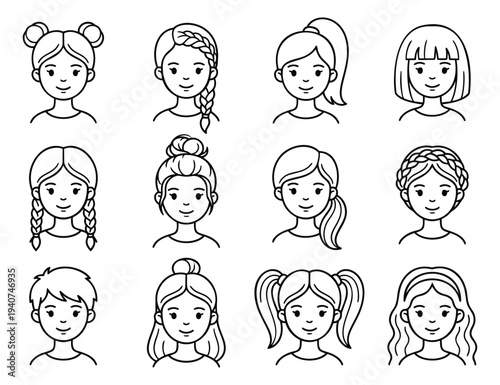 Outline icon set of 12 female avatars featuring diverse hairstyles and beauty portraits for fashion design