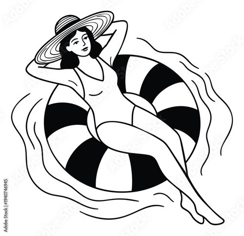 Bold black and white illustration of woman relaxing on striped pool float depicting summer leisure for vacation design