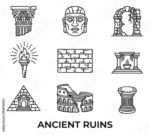 Outline icon set of 9 ancient civilization symbols featuring historical architecture and monuments for cultural design