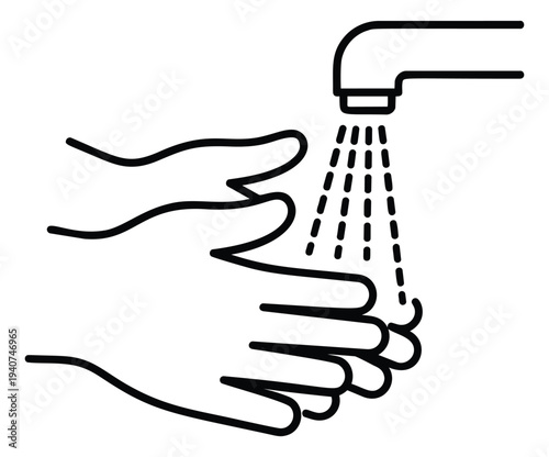 Outline illustration of hands washing under faucet depicting hygiene routine for health and sanitation design