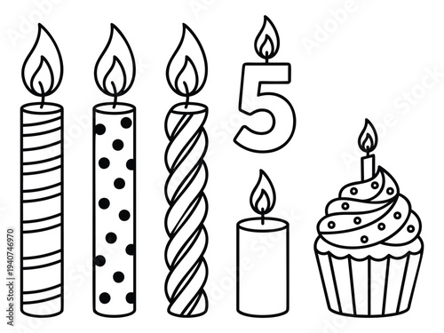 Outline icon set of 6 birthday candles featuring decorative patterns and cupcake for celebration design