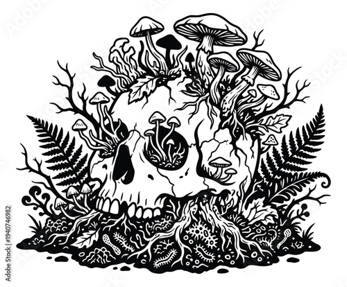 Engraving illustration of decaying skull with mushrooms depicting nature reclaiming death for gothic and spiritual design