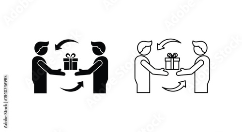 Gift exchange between two people depicted in a stark black silhouette
