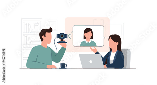 A man holding a webcam is video conferencing with a woman seated at a laptop, displaying a speech bubble with an avatar against a light background with a bookshelf.