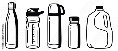 Outline icon set of 5 reusable drink containers featuring water bottles and thermos designs for sustainability graphics