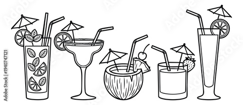 Outline icon set of 5 tropical cocktails featuring mojito, margarita and tiki drinks for summer bar design