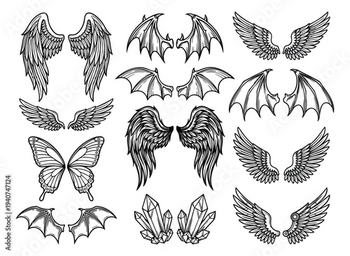 Engraving icon set of 12 wing designs featuring angel, demon and crystal varieties for tattoo and fantasy art