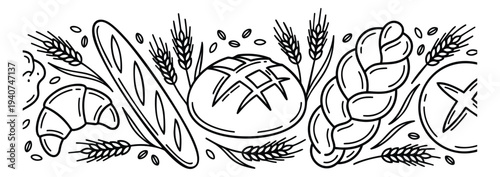 Engraving illustration of artisan bread and wheat border depicting bakery assortment for culinary design