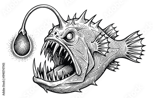 Engraving illustration of anglerfish depicting deep sea predator with sharp teeth for marine design