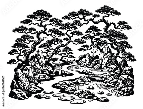 Engraving illustration of tranquil zen garden depicting traditional Japanese landscape with stone lantern and bonsai trees for oriental design