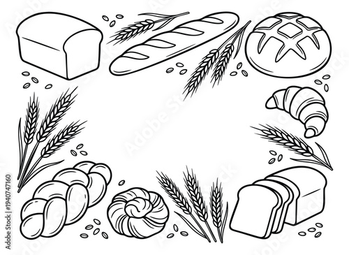 Line art frame border of bakery products featuring bread, wheat and pastry elements for food design