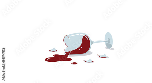 A broken wine glass, with its bowl fractured into several distinct pieces, rests on a clean white ground, surrounded by a pool of deep red spilled wine.