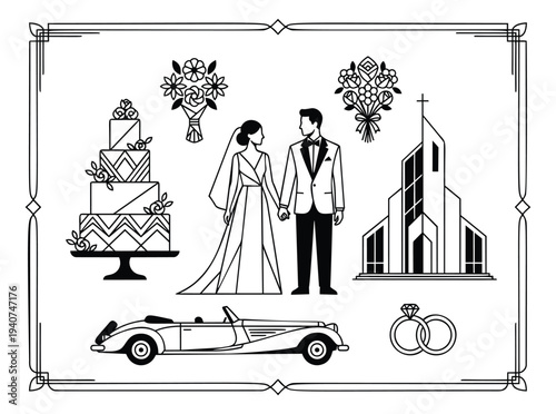 Line art icon set of 6 wedding elements featuring ceremony, celebration and romance symbols for event design