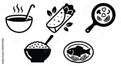 Flat icon set of 5 featuring food and cooking symbols including burrito, soup and rice for restaurant design