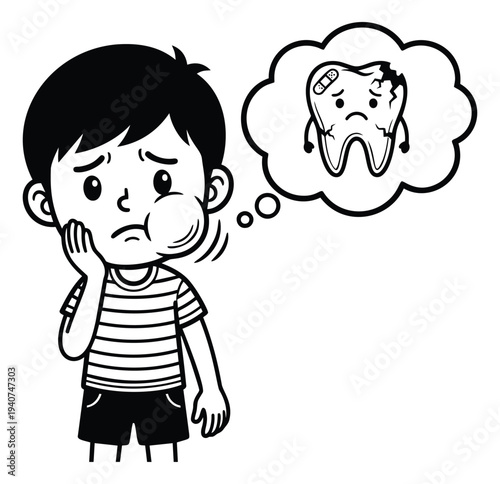 Cartoon illustration of boy with toothache depicting dental pain and cavity problem for children healthcare design