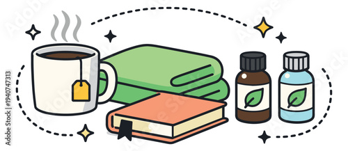 Cartoon illustration depicting self care and wellness essentials with tea, blanket, book and aromatherapy for lifestyle design