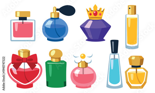 Flat icon set of 9 perfume bottles featuring colorful fragrance containers and cosmetic designs for beauty industry
