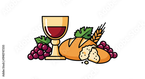 A golden chalice filled with red wine, accompanied by purple grapes, green leaves, a broken loaf of bread, and a stalk of wheat, rests on a light surface.