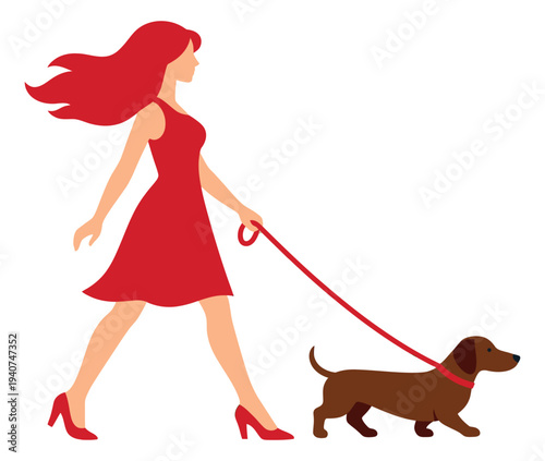 Flat illustration of fashionable woman walking dachshund dog depicting pet care routine for lifestyle design