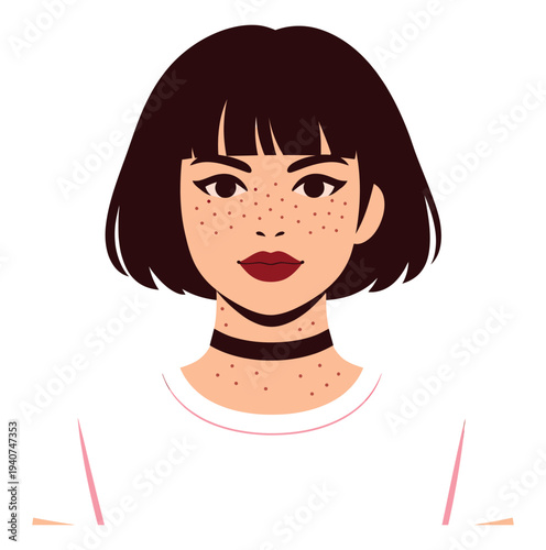 Flat illustration of young woman with freckles and bob haircut depicting modern portrait for character design