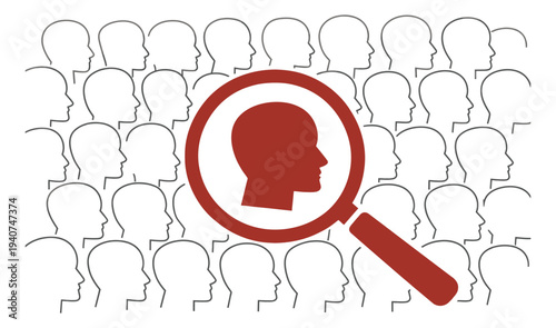 Flat illustration of magnifying glass highlighting person in crowd depicting recruitment search for human resources design