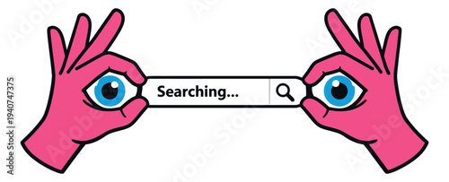 Cartoon illustration of pink hands framing search bar with eyes depicting online search concept for web and ui design