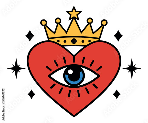 Cartoon illustration of sacred heart with eye and crown depicting mystical love symbolism for spiritual design