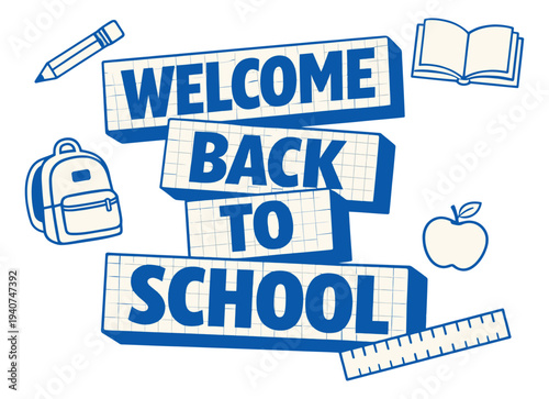 Outline illustration of welcome back to school banner depicting educational supplies and text for academic season design