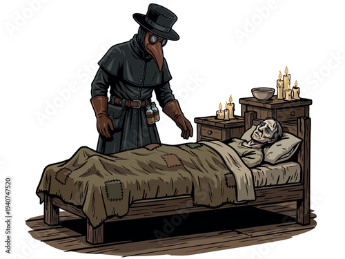 Plague Doctor Visiting Ill Patient Bedside Scene