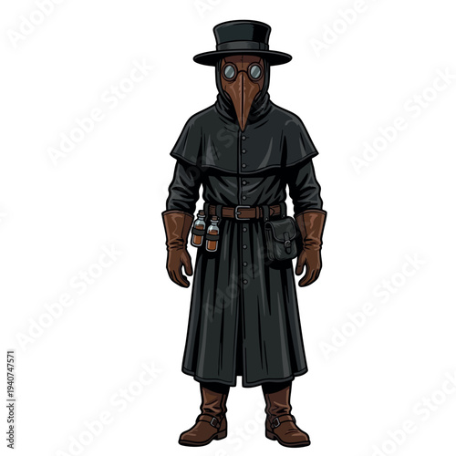 Frontal View of Plague Doctor in Traditional Robes