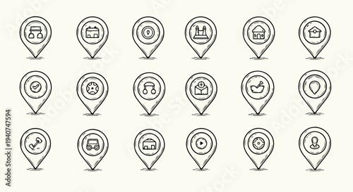 Doodled landmark waypoint locators with various business icons