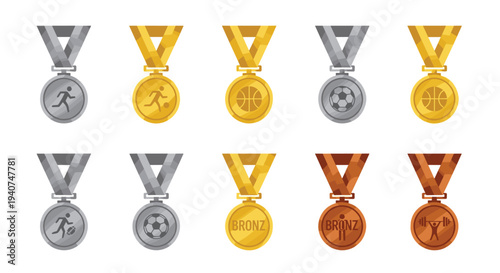 Ten distinct sports medals, comprising silver, gold, and bronze finishes, are neatly displayed in two horizontal rows against a pristine white backdrop.