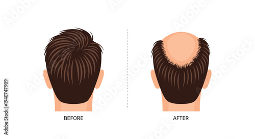Two male heads, seen from the rear, are positioned side-by-side on a white background, illustrating a BEFORE state with full hair and an AFTER state with hair loss.