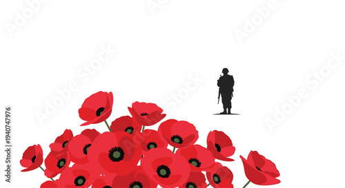 A solitary soldier, depicted as a dark silhouette, stands in the upper right corner while a vibrant cluster of red poppies fills the lower left on a white background.
