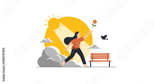 A woman in an orange shirt is walking barefoot and reaching for a red flower under a large yellow sun with clouds and a flying bird.