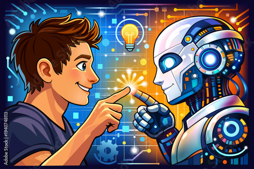 Human-robot interaction. Modern technologies. AI concept. Vector illustration.