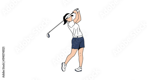 A female golfer, clad in a white visor and dark shorts, is shown in the follow-through of a golf swing with a club, having just struck a ball on a white background.
