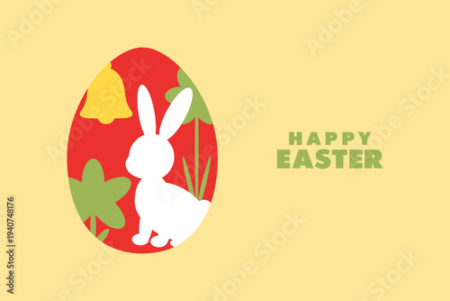 Easter holiday concept with elements, such as rabbit silhouette, egg, bell, floral elements in vibrant red, yellow, and green color. Easter card