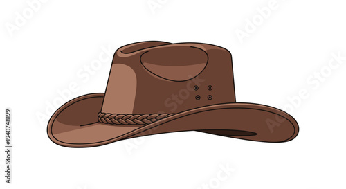A single, detailed brown cowboy hat, adorned with a braided leather band and ventilation holes, is depicted at a slight angle on a plain white background.